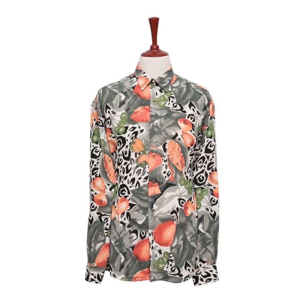 Mens Silk Shirt Button Up Green Orange Floral Abstract Hawaiian Beach Casual XL